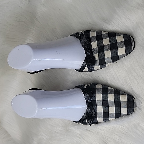 TALBOTS Black Cream Gingham Checkered Preppy Cottage Bow Kitten Heel Mules 9.5 - Picture 2 of 13